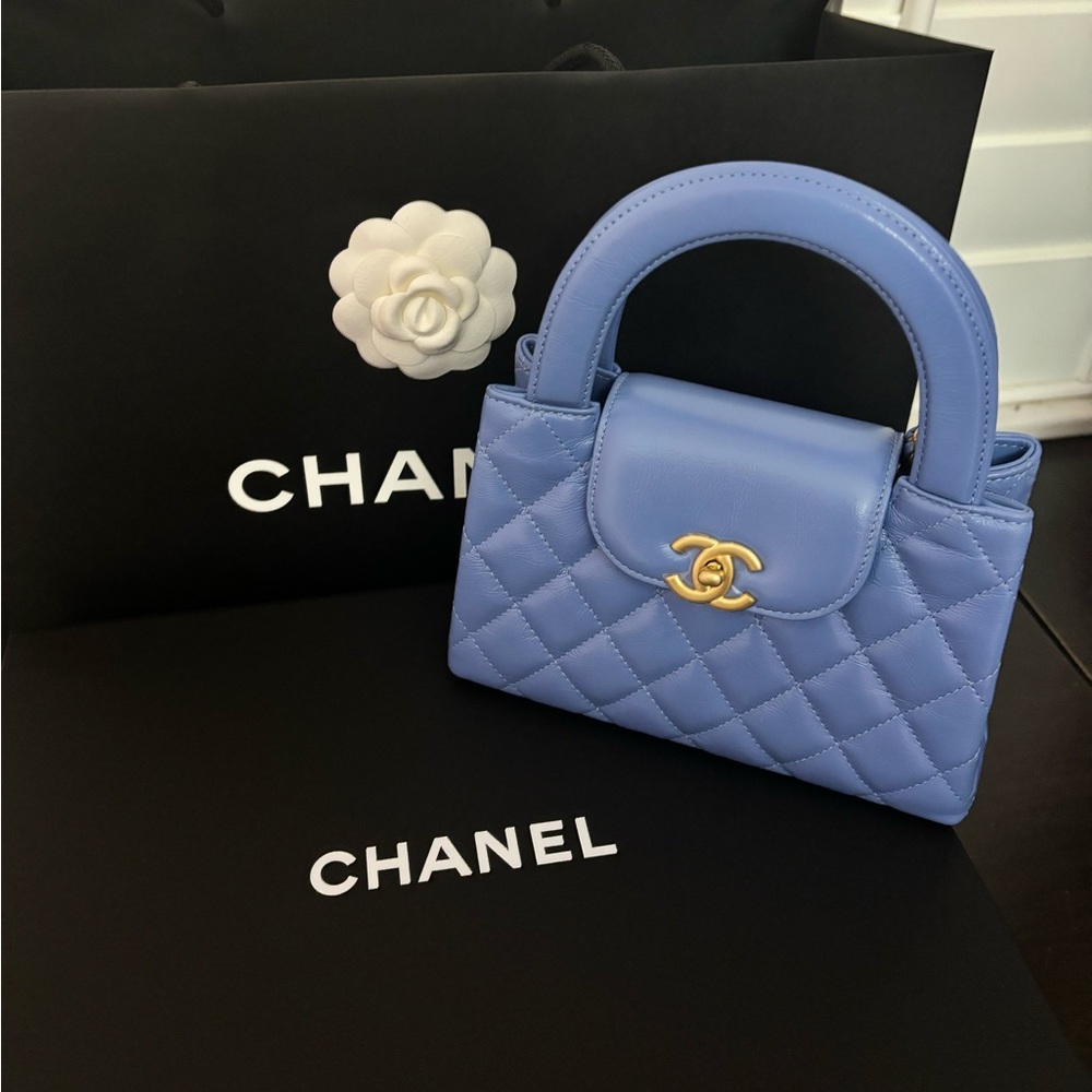 NWT Chanel Kelly Shopper Top Handle Aged Calfskin Blue (Box & Dust Bag)